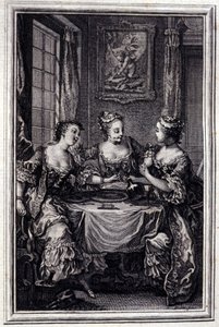 La Gageure des trois commeres - Jean La Fontainen "" Tarinoita ja novelleja säkeissä" -julkaisussa. 1776. P.P. Choffardin kuvitus. tekijältä Pierre Philippe Choffard