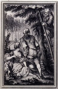 La Gageure des trois commeres - Jean La Fontainen "" Tarinoita ja novelleja säkeissä" -julkaisussa. 1776. P.P. Choffardin kuvitus. tekijältä Pierre Philippe Choffard