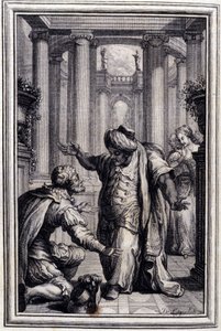 Pieni koira, joka ampuu rahaa ja kiviä - Jean La Fontainen ""Tarinoita ja novelleja säkeissä"" 1776. P.P. Choffardin kuvitus. tekijältä Pierre Philippe Choffard