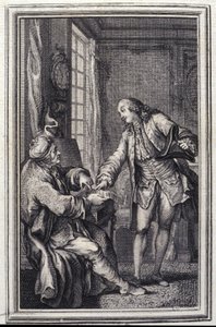 Les confeux indiscrets - Jean La Fontainen "" Tarinoita ja novelleja säkeissä" -osassa. 1776. P.P. Choffardin kuvitus. tekijältä Pierre Philippe Choffard