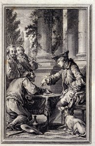 Tarina talonpojasta, joka oli loukannut Herraansa - Jean La Fontainen "Tarinoita ja uutisia säkeissä". 1776. Kuvitus P.P. Choffard. tekijältä Pierre Philippe Choffard
