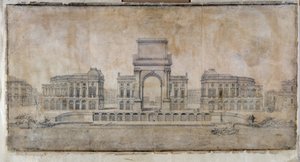 Arkkitehtuuri: "Place Royale -projekti Marseillelle, perspektiivi kaupunkiin katsomassa" 1686 (piirustus) tekijältä Pierre Puget