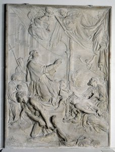 Milanon rutto - Saint Charles Borromee (San Carlo Borromeo) (1538-1584, kardinaali ja Milanon arkkipiispa) rukoilee (marmori) tekijältä Pierre Puget