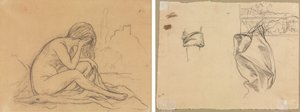 Tutkimus naisaktista (mahdollisesti toteutumattomalle allegoriselle maalaukselle) (recto); Verho- ja maisematutkimukset (käänteinen) tekijältä Pierre Puvis de Chavannes