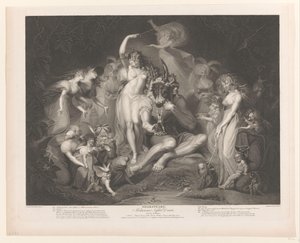 Titania ja Bottom hahmojen ympäröimänä shakspeare. Kesäyön unelma (otsikko esineessä) tekijältä Pierre Simon (II)