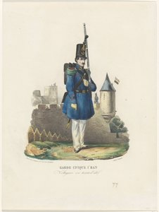 Belgische Burgerwacht op wacht, 1830 Kansalaisvartioston 1. Ban / Voltigeur kesämekossa (nimi esineessä) tekijältä Pierre Simonau