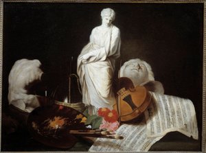 Taidepaletin attribuutit taidemaalari, viulu, partituurit, veistos. Pierre Subleyrasin maalaus tekijältä Pierre Subleyras