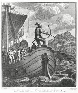 Pantagruel tappaa Physetterin, kuvitus "Gargantua ja Pantagruel", kirjoittanut François Rabelais