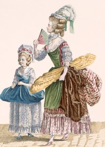 Omtelija ja hänen apulaisensa kantamassa kaupan työkaluja, kaiverrettu Dupin, levy nro 25 julkaisusta "Galeries des Modes et Costumes Francais", n. 1778-1787 (värikaiverrus) 99:vaatteet; perinteinen asu; perinteinen puku; muoti; kuva; c18th; muodikas tekijältä Pierre Thomas (after) Le Clerc
