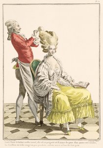 Nuori nainen peignoirissa kampaajan kanssa, levy 31 Galerie des Modes et Costumes Francais