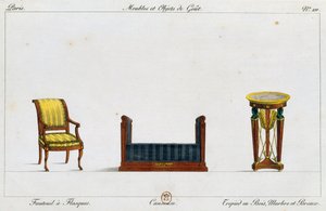 Laipallinen nojatuoli, loveseat ja kolmijalkainen pöytä, lautanen 211, kuvitus Collection de meubles et objects de gout -kokoelmasta (Kokoelma huonekaluja ja makuesineitä) tekijältä Pierre de La Mesangere