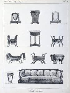 Aikakauden konsulaatin kalusteet (1802-1803). Levy otettu Pierre de la Mesangeren (1761-1831) kokoelmasta "" Collection de mobilier et objets de taste"". Pariisi. Koriste taide