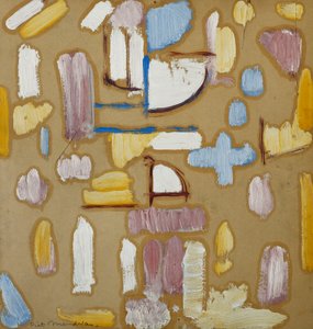 Koostumus vaaleanpunaisella, sinisellä, keltaisella ja valkoisella (kirkon julkisivu), n. 1912 (öljy levylle) tekijältä Piet Mondrian