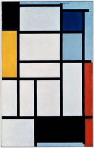 Koostumus punaisella, mustalla, keltaisella, sinisellä ja harmaalla tekijältä Piet Mondrian