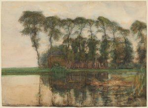 Yhdeksän korkean puun suojaama maatila veden äärellä tekijältä Piet Mondrian
