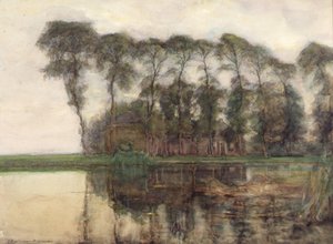 Maatilan pitkinVesi varjostavat yhdeksän korkeaa puuta tekijältä Piet Mondrian