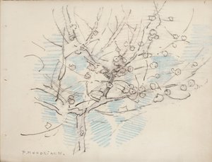Kukkiva puu, n. 1917-1918 (kynä ja värikynä paperilla) tekijältä Piet Mondrian