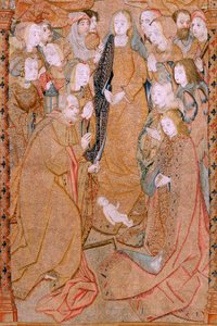 Flanderin kuvakudos. Sarja Triumphs of the Mother tai Paños de Oro. Kristuksen syntymä (Nacimiento de Cristo). Sarjan kolmas kuvakudos. Malli Colin de Cooter (?). Valmistus Pieter van Aelst (tai van Edingen), Bryssel. Noin 1500-1502. Kangas Kulta, hopea, s