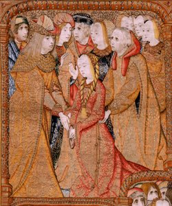 Flanderin kuvakudos. Sarja Triumphs of the Mother tai Paños de Oro. Jumala lähettää Arkankeli Gabrielin (Dios envía al Arcángel Gabriel). Ensimmäinen kuvakudos sarjassa. Malli Colin de Cooter(?). Valmistus Pieter van Aelst (tai van Edingen), Bryssel. Ca150