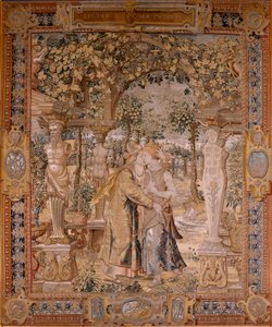 Flanderin kuvakudos. Sarjat Vertumnus ja Pomona. Vertumnus suutelee Pomonaa. Seitsemäs kuvakudos sarjassa. Pieter Coecke van Aelstin mallipiiri. Valmistus Wilhelm Pannemaker, Bryssel. Noin 1545-1550. Kangas Kulta, hopea, silkki ja villa. Koko 430 x 365 cm.