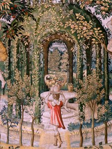 Flanderin kuvakudos. Sarja Vertumnus ja Pomona; Vertumnus muuttui puutarhuriksi (Vertumno transformado en jardinero). Sarjan viides kuvakudos. Pieter Coecke Van Aelstin ja Léonard Thiryn mallipiiri. Valmistus Tuntematon työpaja, Bryssel, befo