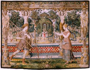 Flanderin kuvakudos. Sarja Vertumnus ja Pomona; Vertumnus muuttui puutarhuriksi (Vertumno transformado en jardinero). Sarjan viides kuvakudos. Pieter Coecke Van Aelstin ja Léonard Thiryn mallipiiri. Valmistus Tuntematon työpaja, Bryssel, befo