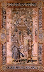 Flanderin kuvakudos. Sarjat Vertumnus ja Pomona. Vertumnus muuttui soturiksi. Sarjan neljäs kuvakudos. Pieter Coecke van Aelstin mallipiiri. Valmistus Wilhelm Pannemaker, Bryssel. Ca1545-1550. Kangas Kulta, hopea, silkki ja villa. Koko 425