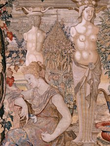 Flanderin kuvakudos. Sarjat Vertumnus ja Pomona. Vertumnus muuttui vanhaksi naiseksi. Vertumnus muuttui vanhaksi naiseksi. Sarjan kuudes kuvakudos. Pieter Coecke van Aelstin mallipiiri. Valmistus Wilhelm Pannemaker, Bryssel. Noin 1545-1550.