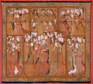 Flanderin kuvakudos. Sarja Triumphs of the Mother tai Paños de Oro. Jumala lähettää Arkankeli Gabrielin (Dios envía al Arcángel Gabriel). Ensimmäinen kuvakudos sarjassa. Malli Colin de Cooter(?). Valmistus Pieter van Aelst (tai van Edingen), Bryssel. Ca150