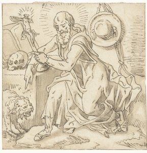 Pyhä Hieronymus istuu krusifiksin, kirjan ja kallon vieressä tekijältä Pieter Aertsen (workshop of)