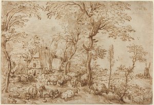 Talonpojat ja karja maalaistalon lähellä tekijältä Pieter Bruegel the Elder