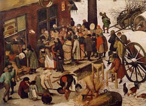 Betlehemin väestölaskenta, väestönlaskentatoimiston yksityiskohta tekijältä Pieter Bruegel the Elder