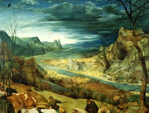 The Return of the Herd Atumn, 1565 öljypaneelin yksityiskohta numerosta 556 tekijältä Pieter Bruegel the Elder