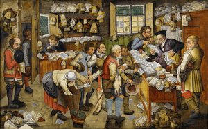 Kylälakimiehenä tunnettu kymmenysten maksaminen vuosina 1617–1622 tekijältä Pieter Brueghel the Younger