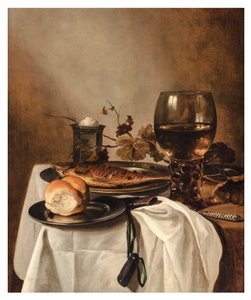 Rulla, silli, hopea suolakellari, suuri roemer ja veitsi päällystetyllä pöydällä, n. 1644 (öljy paneelissa) tekijältä Pieter Claesz