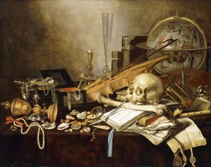 Vanitas-asetelma soittimista ja käsikirjoituksista, käännetty kullattu pikari, koruarkku, kynttilänjalka, astrologinen maapallo, helminauha, jalokiviä, simpukoita, pääkallo ja reisiluu sekä tiimalasi päällystetyllä pöydällä, 1653