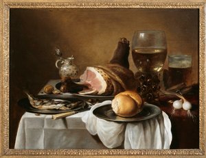 Aamiaispala, n. 1640 (öljy paneelille) tekijältä Pieter Claesz