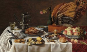 Asetelma riikinkukkopiirakan kanssa tekijältä Pieter Claesz