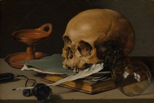 Asetelma pääkallolla ja kirjoitussulkalla, 1628.