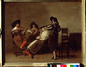 ""Soiree musicale"" (musiikki-ilta) Kolme muusikkoa ja nuori nainen (laulu). Pieter Codden (1599-1678) maalaus 1600-luvun Pushkin-museo, Moskova tekijältä Pieter Codde
