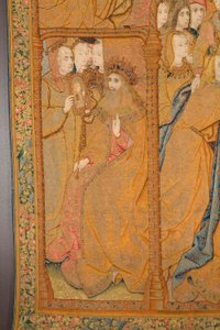 Flanderin kuvakudos. Ilmoitus. Yksityiskohta, n. 1502-04 (kulta, hopea, silkki ja villa) tekijältä Pieter Coecke van Aelst