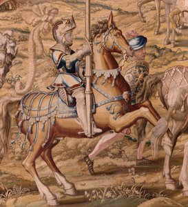 Flanderin kuvakudos. Sarja Tunisin valloitus; Barcelonan joukkojen katsaus (La revista de las tropas en Barcelona). Sarjan toinen kuvakudos. Malli Jan Vermeyen ja Pieter Coecke van Aelst. 1543-1548. Valmistus Real Fábrica de Tapices de Sant tekijältä Pieter Coecke van Aelst