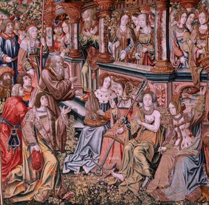 Flanderin kuvakudos. Sarja The Honours. Hyve (La Virtu, El Vicio). Sarjan kahdeksas kuvakudos. Mallisarjakuvapiirtäjät Bernard van Orleyn ja Jan Gossaertin (Mabuse) piiristä. Valmistus Pieter van Aelst, Bryssel. Noin 1550. Kangas Kulta, hopea, silkki a tekijältä Pieter Coecke van Aelst
