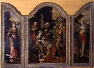 Triptyykki, joka kuvaa Maagien palvontaa ja kahta pyhimystä (öljy paneelissa) tekijältä Pieter Coecke van Aelst