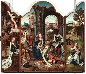 Taikaiden palvonnan triptyykki Vasen paneeli: Ilmoitus - Oikea paneeli: Ilmoitus, vasemmalla ja Lento Egyptiin oikealla Pieter Coeck van Aelstin (1502-1550) maalaus 1500-luvun Genes Musei di Strada Nuova (ex Palazzo Bianco) inv n PB tekijältä Pieter Coecke van Aelst