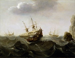 Vene myrskyävässä meressä, kaukana myrskyä pakenevia veneitä ja oikealla vedestä nousevia kiviä. Cornelisz Verbeecqin (1590-1637) öljy puulle, noin 1620.