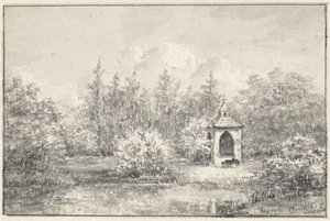 Näkymä Leiduinin puistossa, talo puiden välissä tekijältä Pieter Ernst Hendrik Praetorius