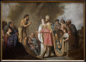 Pyhä Johannes Kastaja saarnaa Herodeksen edessä. Grebberin Pieter Franszin maalaus (1600-1652), öljy kankaalle tekijältä Pieter Fransz. de Grebber