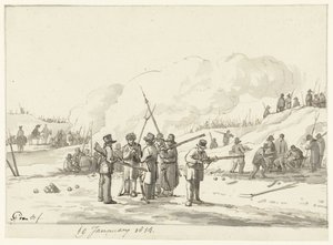 Siviilien leiriytys Pohjois-Hollannin dyyneille, 19. tammikuuta 1814 tekijältä Pieter Gerardus van Os (signed by artist)