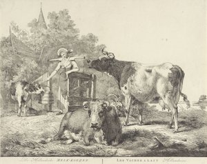 Lehmät ja maitotyttö De Hollandsche Melk-koeijen/ Les vaches â lait hollandaises (otsikko esineessä)